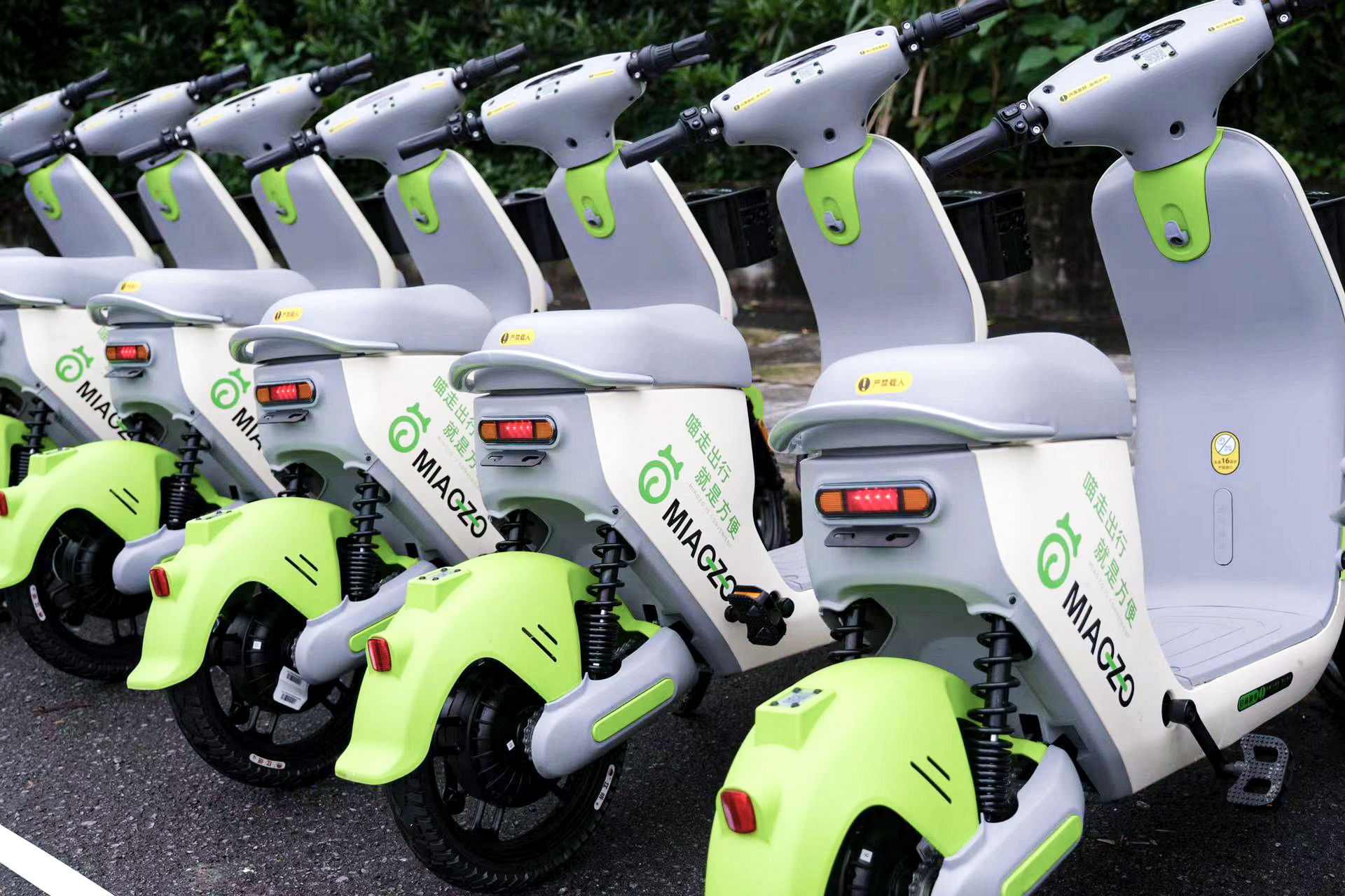 整齊擺放在路邊的共享電動(dòng)車